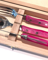 Kinderbesteck-Set in edler Geschenkholzbox, Laguiole, rosa