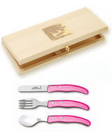 Kinderbesteck-Set in edler Geschenkholzbox, Laguiole, rosa