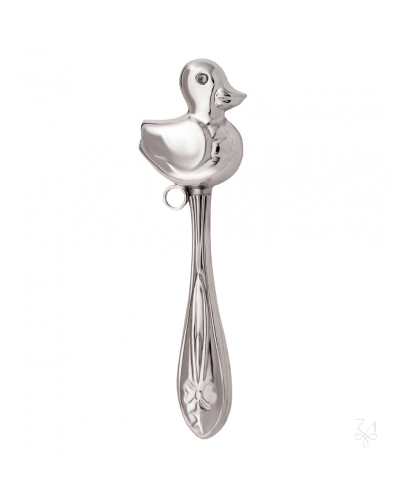 Baby stick rattle, duck, 925 sterling silver