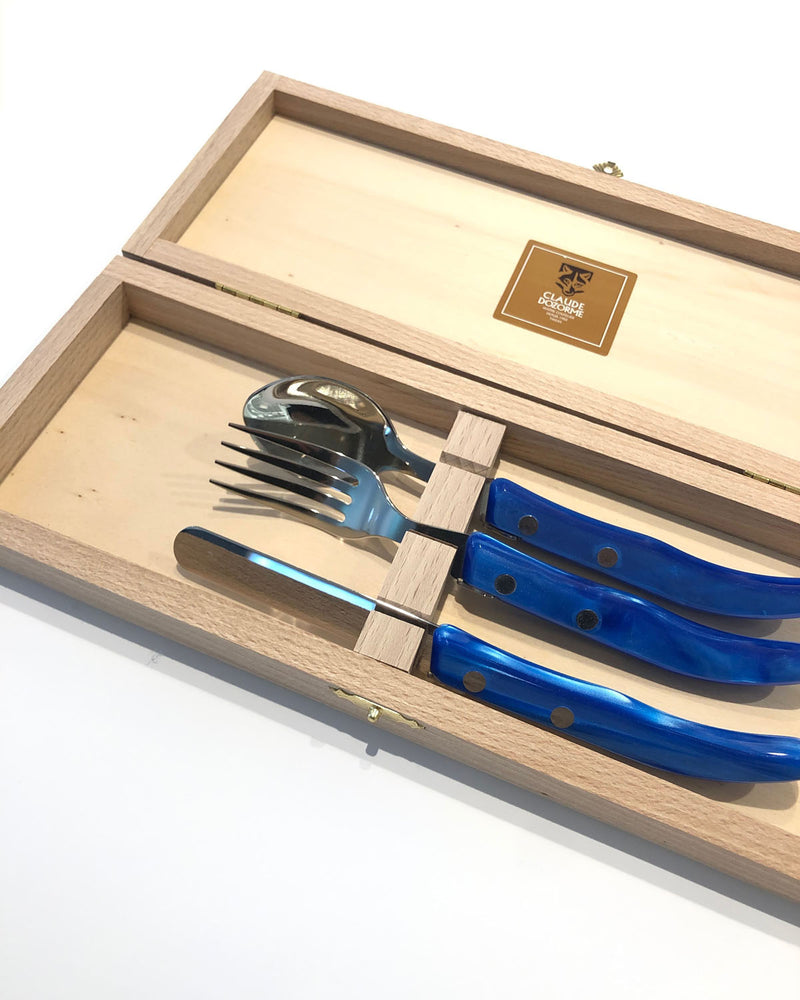 Children's cutlery set in an elegant wooden gift box, Laguiole, blue