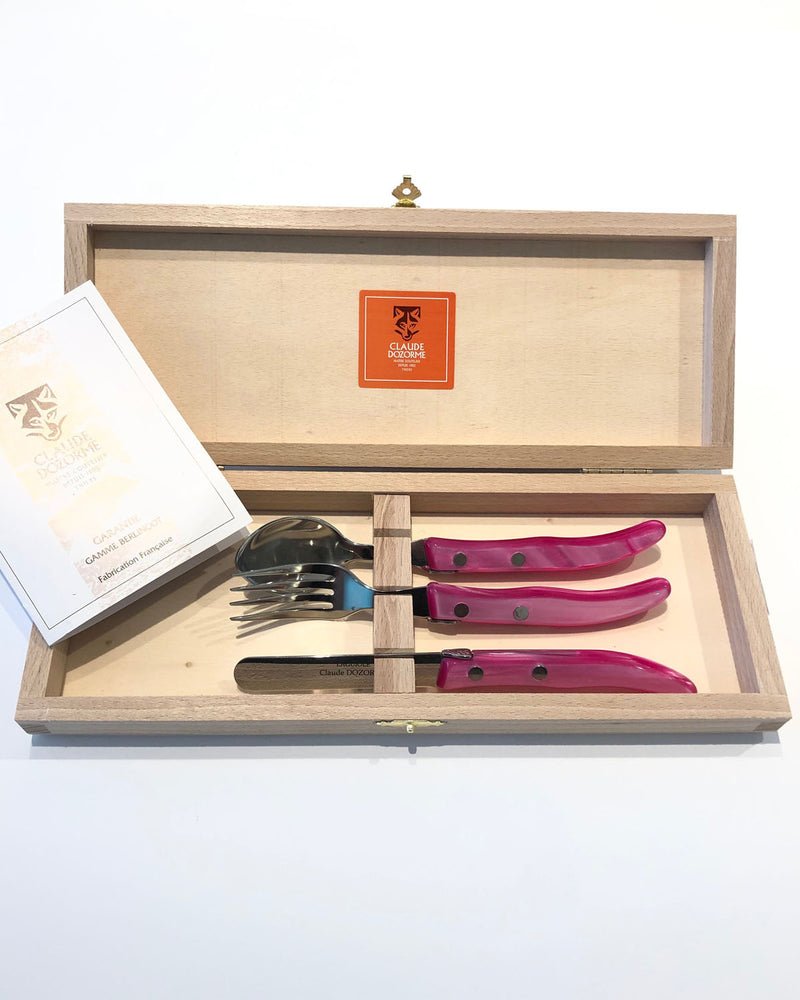 Children's cutlery set in an elegant wooden gift box, Laguiole, pink