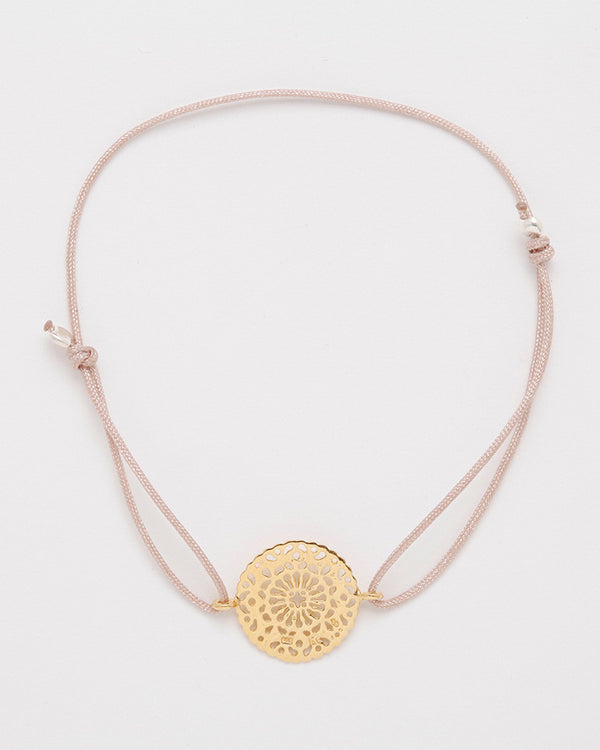 Friendship bracelet with round gold ornament, nude