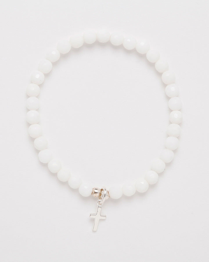Agate ball bracelet with sterling silver cross pendant