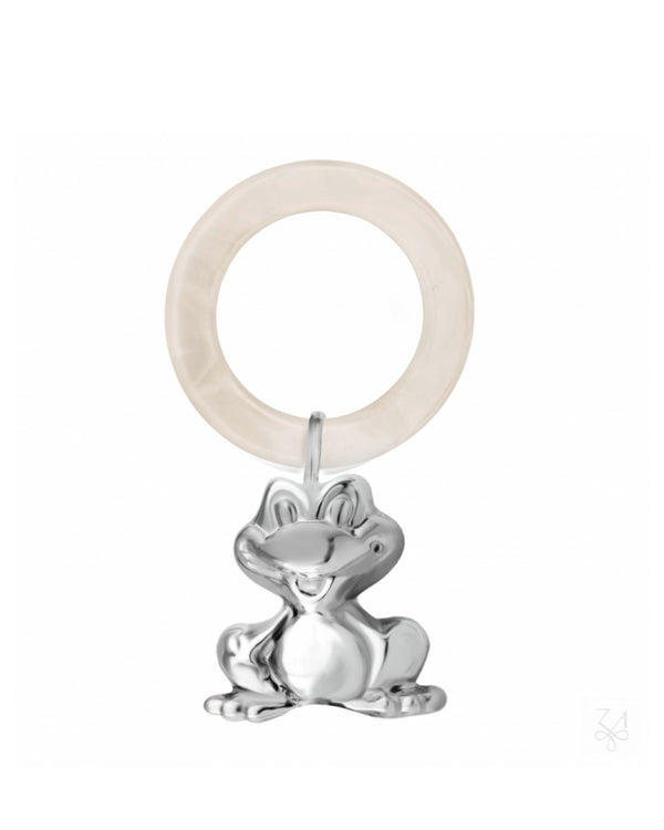 Baby ring rattle, frog, 925 sterling silver