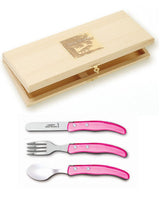 Children's cutlery set in an elegant wooden gift box, Laguiole, pink