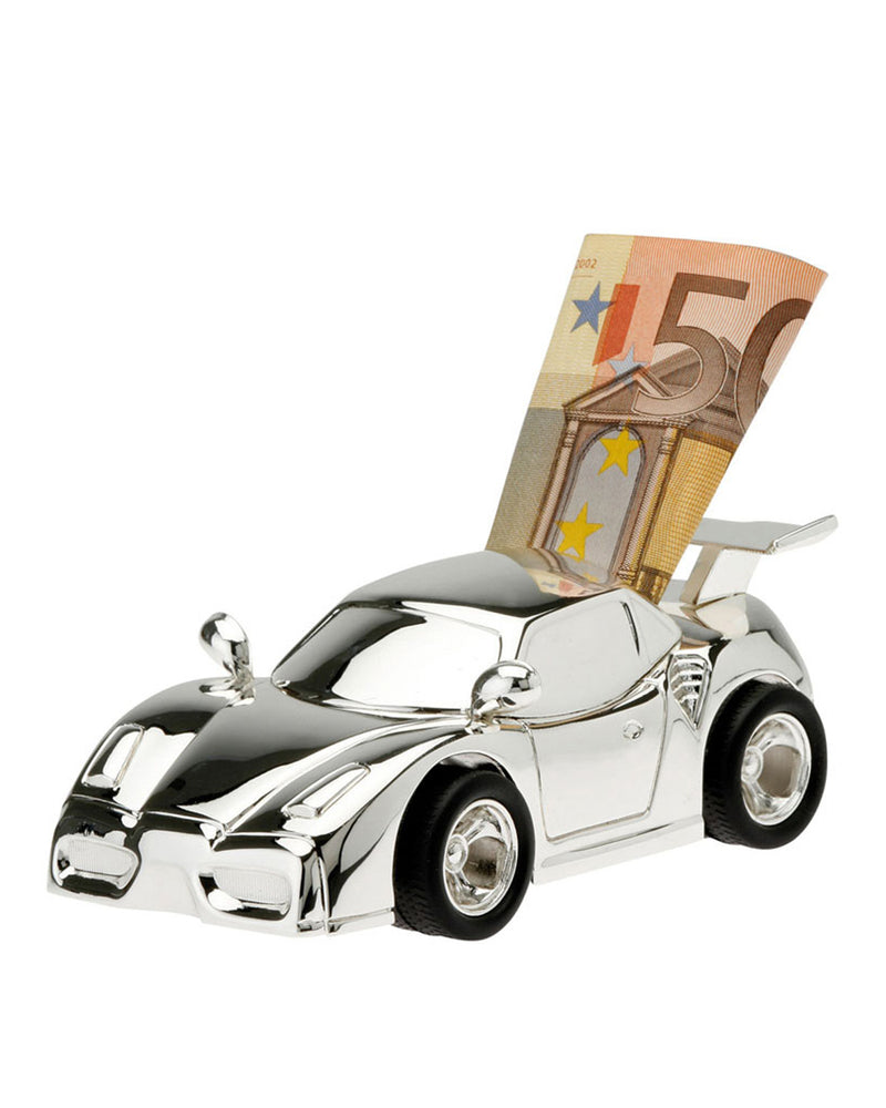 Racing car money box, silver plated 