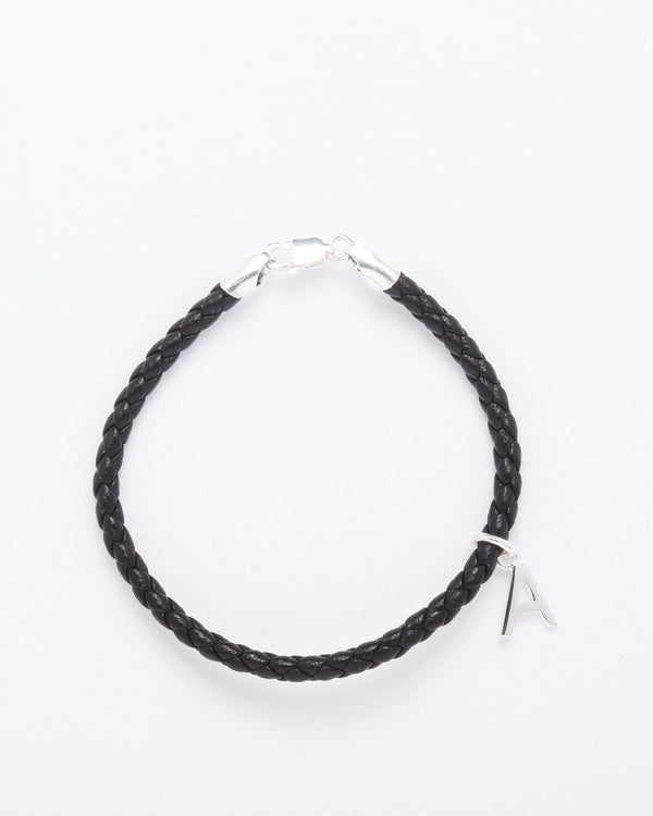 Braided real leather bracelet with letter pendant, black